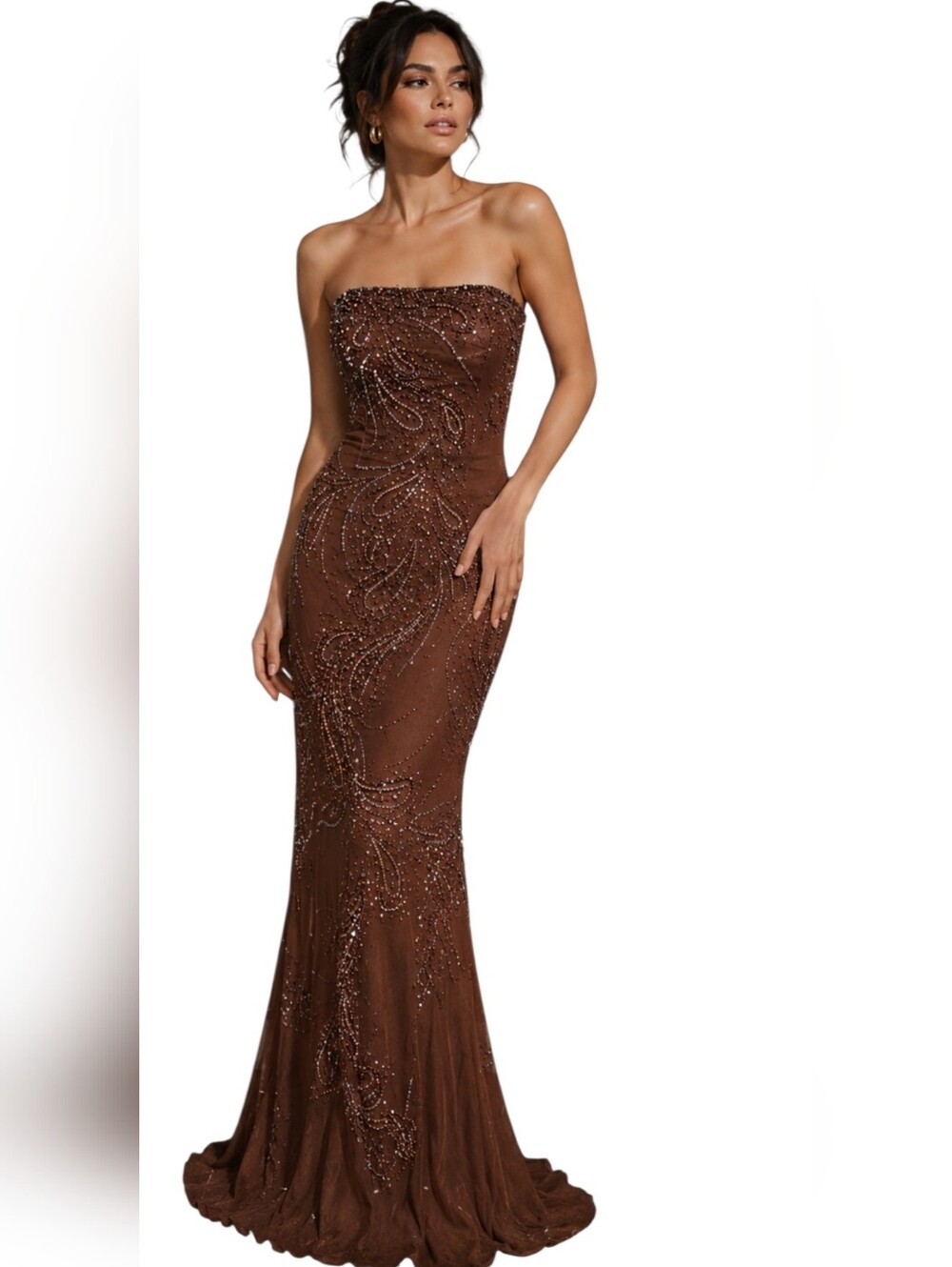 Vintage Riva Designs Silk Beaded Statement Gown Strapless Brown Old Hollywood. 2